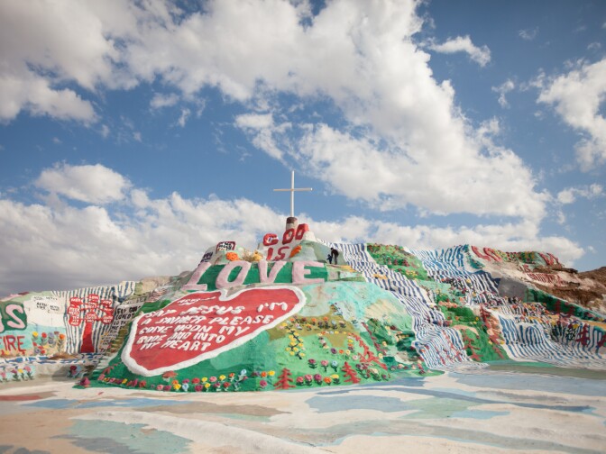 A shot of Salvation Mountain in Niland, California. It appears in National Geographic photographer Aaron Huey's book "Where the Heaven Flowers Grow." 