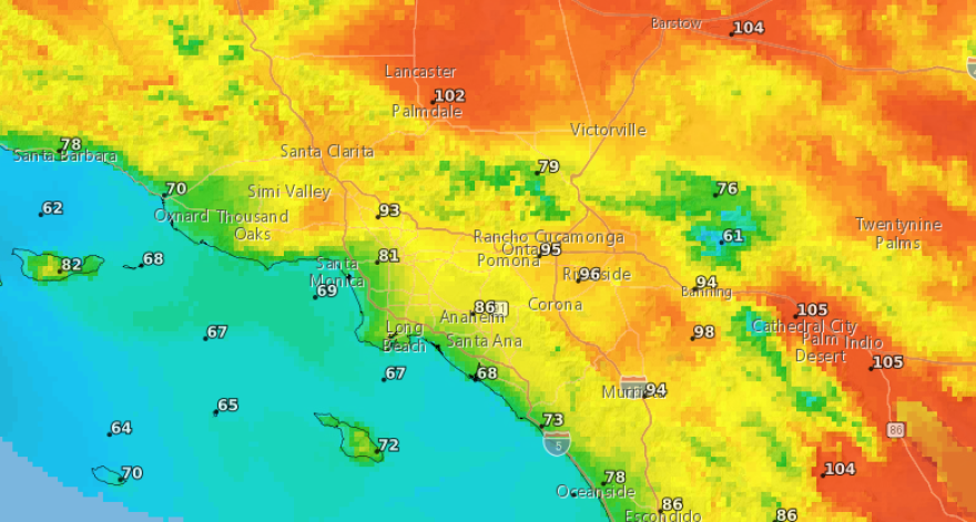 A heat map of today's weather in Southern California is displayed in green, yellow, and red.