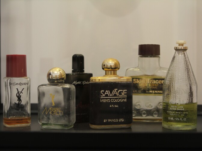 Empty cologne bottles donated from a widow are displayed at the Museum of Broken Relationships in Los Angeles, Calif. 