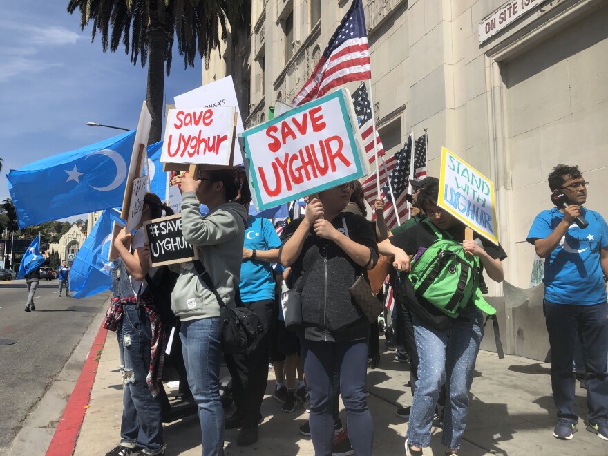 Uighur expats and supporters protest China's human rights abuses in Xinjiang on Hollywood's Walk of Fame on April 6, 2019. 