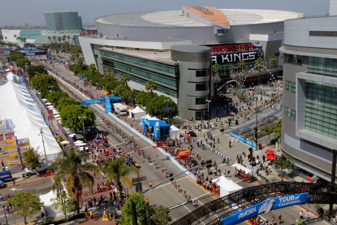 The peloton passes the Staples Center and L.A. Live during stage eight of the Amgen Tour of California from Beverly Hills to Los Angeles on May 20, 2012 in Los Angeles.