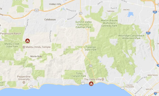 A map of the Topanga Fire and the Stokes Fire, burning in the Malibu area on June 30, 2017.