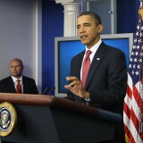 WASHINGTON, DC - DECEMBER 05:  (EDITORS NOTE: Alternate Crop) U.S. President Barack Obama delivers a statement urging Republicans in Congress to join Democrats to ensure taxes don’t go up on middle class families in the Brady Briefing Room of the White House on December 5, 2011 in Washington, DC. Obama wants congressional Republicans to extend the payroll tax cut but the GOP wants to pay for it with offsetting budget cuts.  (Photo by Alex Wong/Getty Images)