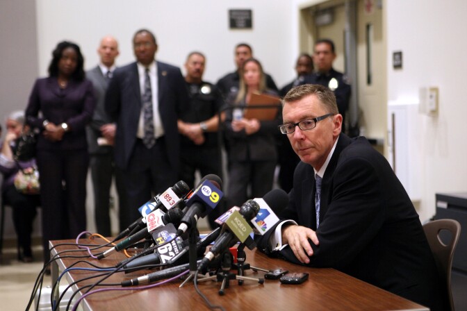 Los Angeles schools Supt. John Deasy  speaks during a press conference at South Region High School #2 in Los Angeles, California February 6, 2012.  Deasy earlier informed parents at a community meeting that the district is replacing the entire staff of Miramonte Elementary School in the wake of the arrests last week of two teachers on lewd conduct charges. Miramonte teacher Mark Berndt, who worked at the school for 30 years, was arrested last week for allegedly gagging, blindfolding and then photographing his students and for putting cockroaches on their faces.  A second teacher,  Martin Bernard Springer, was arrested on Friday, also on  suspicion of committing sexual crimes against students.  AFP PHOTO / Krista Kennell (Photo credit should read Krista Kennell/AFP/Getty Images)