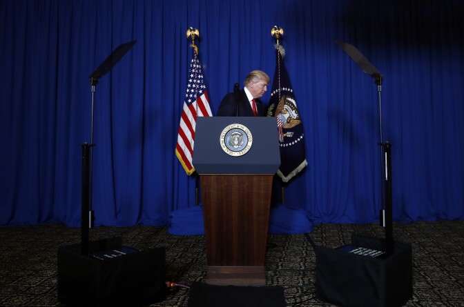 President Donald Trump walks from the podium after speaking at Mar-a-Lago in Palm Beach, Fla., Thursday, April 6, 2017, after the U.S. fired a barrage of cruise missiles into Syria Thursday night in retaliation for this week's gruesome chemical weapons attack against civilians. (AP Photo/Alex Brandon)