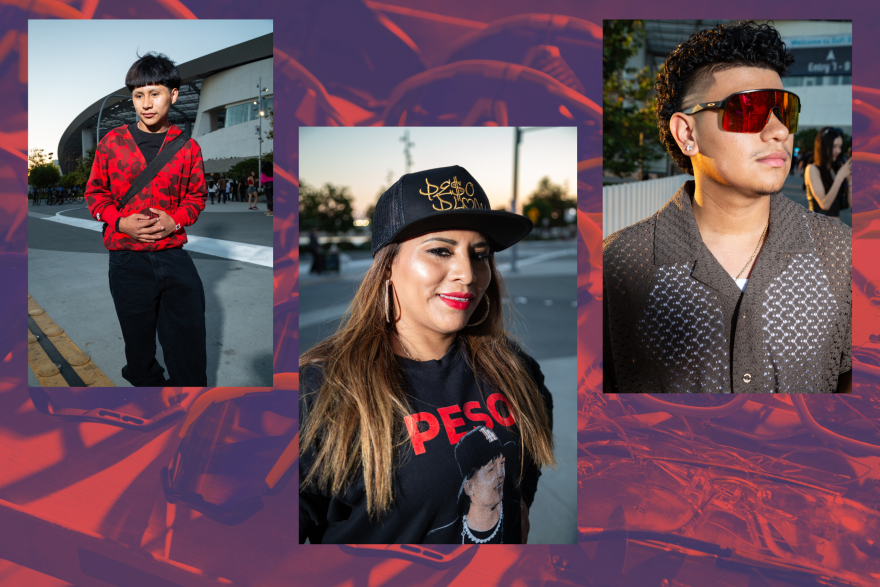 A collage of three different images of fans at the Peso Pluma concert. In the upper left is a young man with black hair and a red sweatshirt. The center image is a woman with light brown skin wearing a black baseball cap with gold stitching for the lettering that reads "Peso Pluma" She's also wearing a black t-shirt with an image of Peso Pluma with red lettering above. The right image is a man with light brown skin wearing polarized wrap-around sunglasses and a grey knitted shirt.