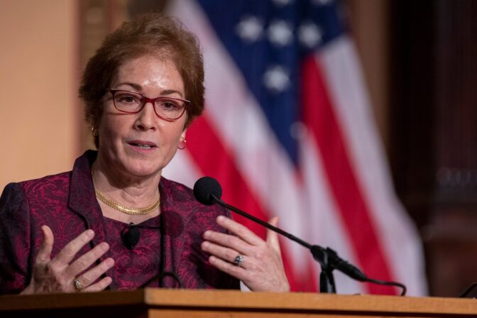 Former U.S. Ambassador Marie Yovanovitch speaks during a ceremony awarding her the Trainor Award for "Excellence in the Conduct of Diplomacy" at Georgetown University in Washington, DC.