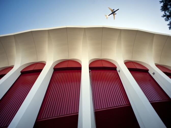 The exterior of The Forum was repainted from blue to it's original color, "California Sunset Red."