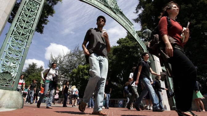 Students walk through Sather Gate on the UC Berkeley campus. 