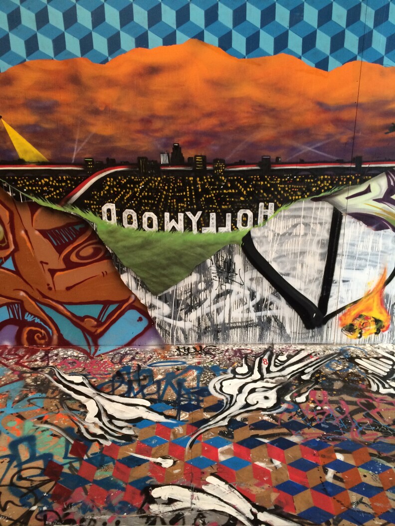 The collage of artwork draws on the cityscape of Los Angeles, says the Getty's David Brafman.