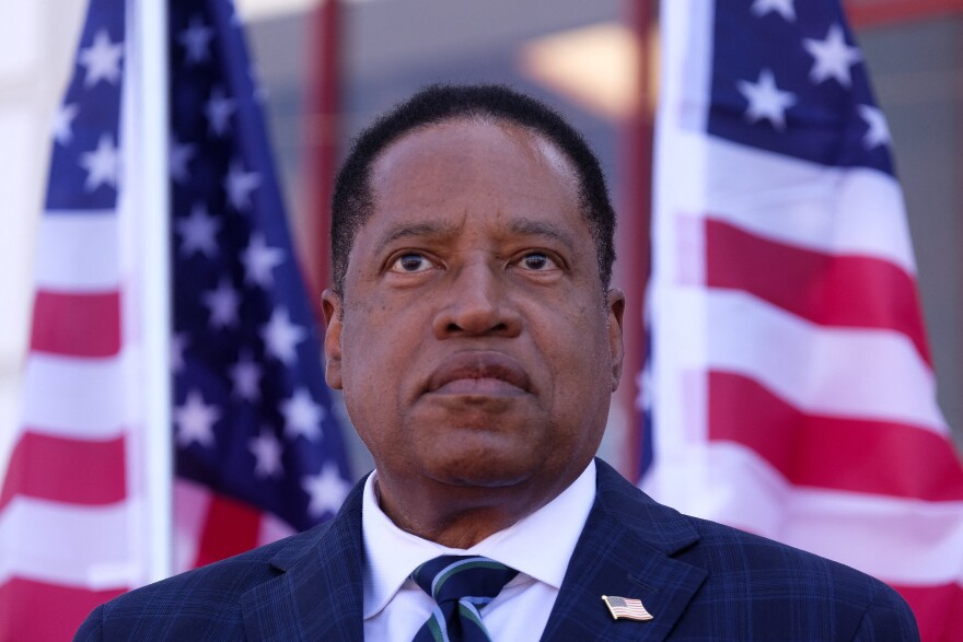 Republican Larry Elder speaks to supporters during an Asian Rally for Yes Recall at the Asian Garden Mall in Little Saigon, Westminster, California, on September 4, 2021.