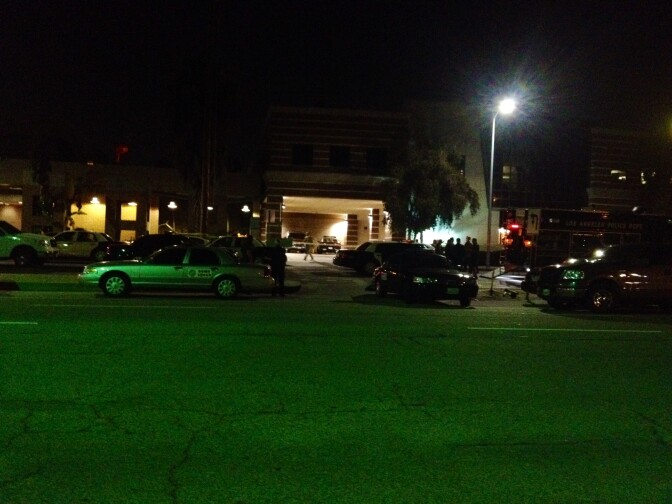 Outside the Wilshire station where an LAPD officer was shot Monday, April 7, 2014.