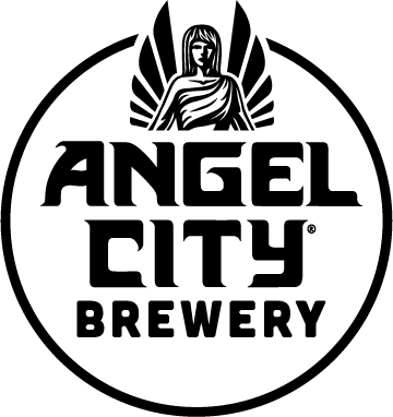 A black lined circle with a retro line drawing of an angel with the words, "Angel City Brewery".