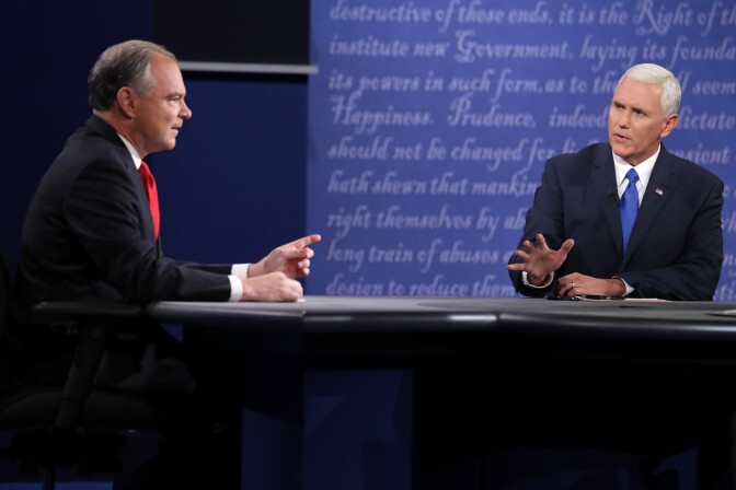 FARMVILLE, VA - OCTOBER 04:  Democratic vice presidential nominee Tim Kaine (L) and Republican vice presidential nominee Mike Pence (R) speak during the Vice Presidential Debate at Longwood University on October 4, 2016 in Farmville, Virginia.  This is the second of four debates during the presidential election season and the only debate between the vice presidential candidates.  (Photo by Chip Somodevilla/Getty Images)