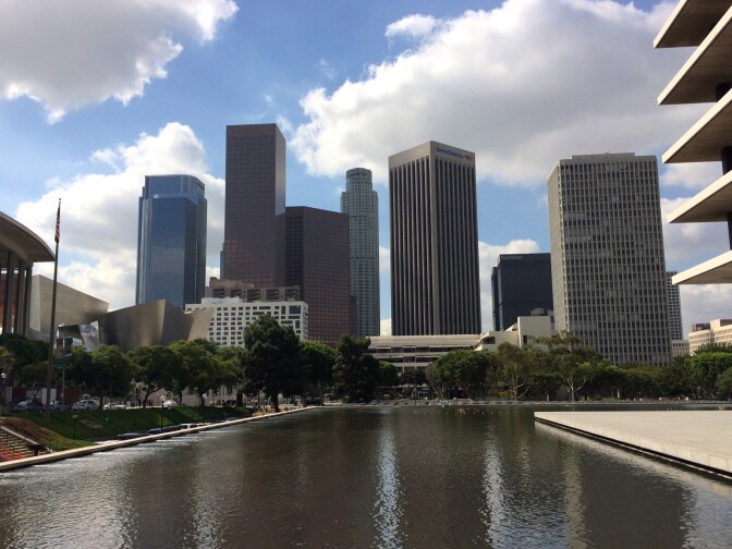 The Reflecting Pool surrounds Los Angeles Department of Water and Power's headquarters in Downtown Los Angeles