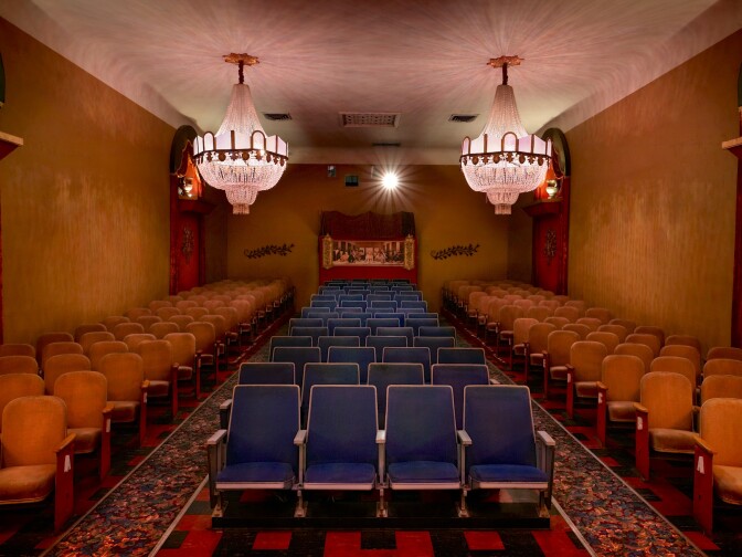 Built in 1921, the Old Town Music Hall's theater has 188-seats and huge chandeliers. 