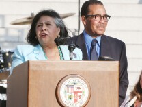 LOS ANGELES, CA - JUNE 07: Supervisor Gloria Molina (L) and Council President Herb Wesson speak during President Bill Clinton Pays Tribute to Mayor Antonio Villaraigosa at Celebrate LA! on June 7, 2013 in Los Angeles, California.  (Photo by Frederick M. Brown/Getty Images)