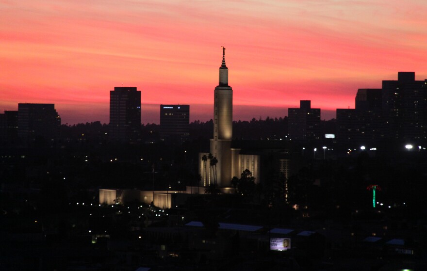 The Church of Jesus Christ of Latter-Day Saints in Los Angeles at sunset.