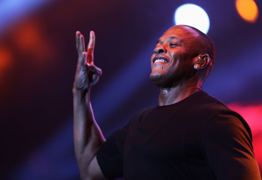 LOS ANGELES, CA - JUNE 29:  Rapper Dr. Dre performs during the Snoop Dogg, Kendrick Lamar, J.Cole, Miguel and SchoolBoyQ  concert during the 2013 BET Experience at Staples Center on June 29, 2013 in Los Angeles, California.  (Photo by Chelsea Lauren/Getty Images for BET)