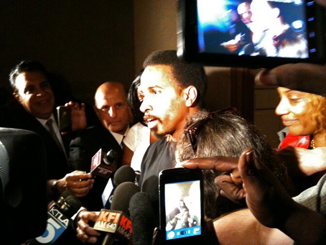 Obie Anthony speaks to those waiting as he's released from jail