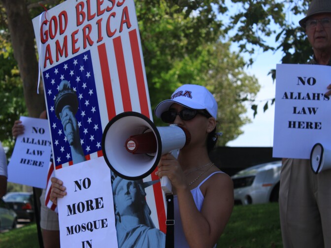 An unidentified protestor outside the Islamic Center of the Temecula Valley during a demonstration July 30, 2010. 