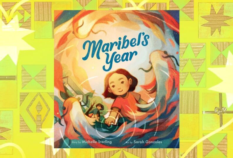 The cover of a book, entitled "Maribel's Year," featuring an adventurous little girl looking down into a koi pond. The book cover is set against a decorative lime green background accented with stars, gift boxes and strands of ribbon.