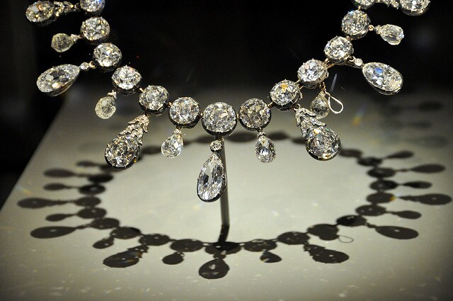 A diamond necklace on display at the Smithsonian Institution's National Museum of Natural History in Washington, DC.