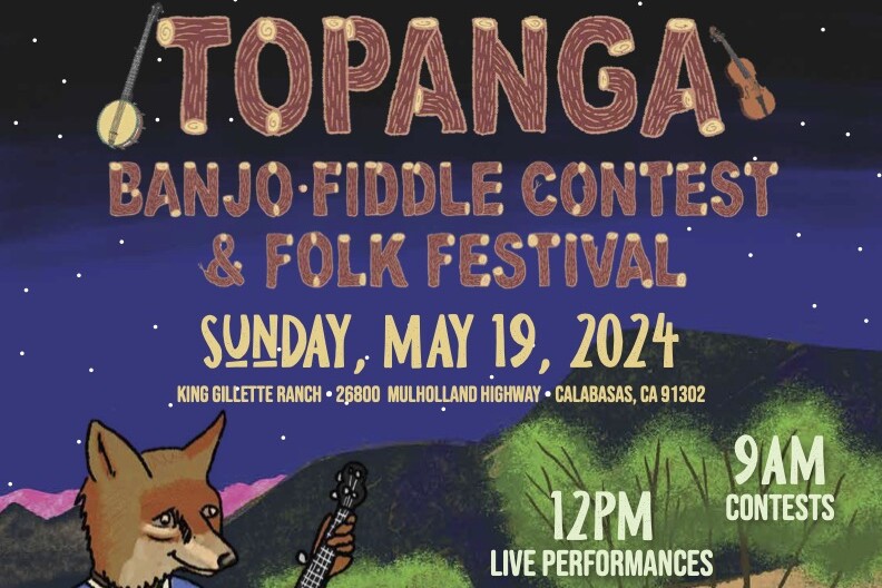 Topanga Banjo and Fiddle Fest featuring an illustration of a fox in a blue dress playing the banjo. The background features a night sky, mountains, and sparse trees in a seeming desert.