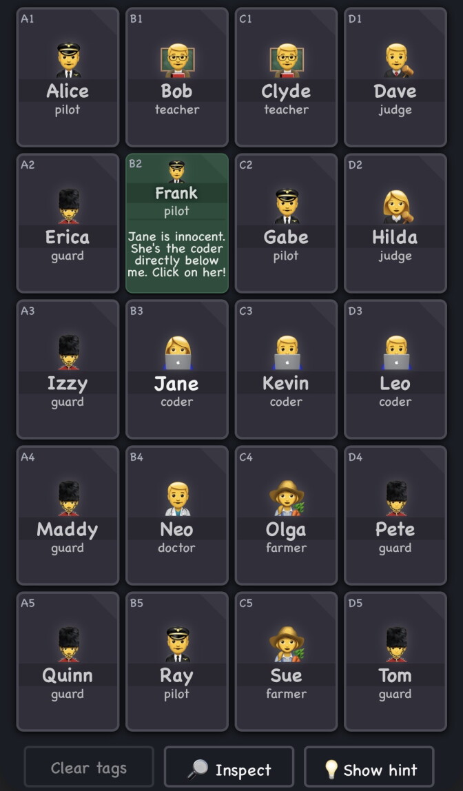 A screenshot of a game made up of many boxes with emojis inside each box.