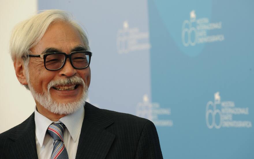 Japan's director Hayao Miyazaki smiles during the photocall of his movie "Gake no ue no Ponyo" (English title :Ponyo on the Cliff) during the 65th Venice International Film Festival at Venice Lido, on August 31, 2008. "Gake no ue no Ponyo" is presented in competition for the Golden Lion Award.    