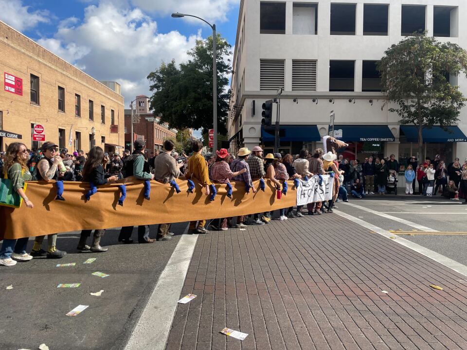 Over a dozen people in a train of brown fabric, helmed by a person wearing a costume horse head. The words "long horse" are partially obscured at the front of the costume.