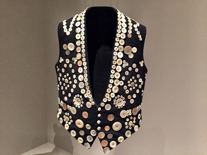 A "Pearly King Vest" from 1930's England. Note the VR on the shoulders for Victoria Regina, Queen Victoria.