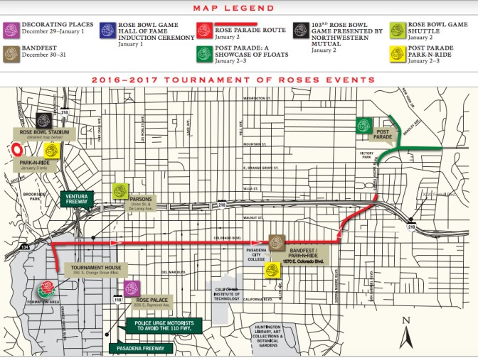 A map of the parade route for the 2017 Rose Parade in Pasadena.