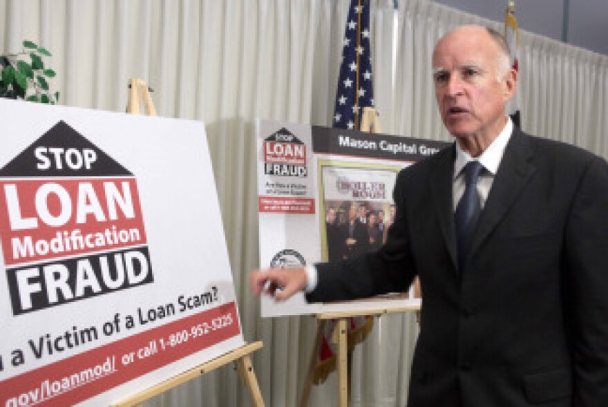 California Attorney General Jerry Brown, speaks at news conference Wednesday Aug. 12, 2009 in Los Angeles. Brown is calling on loan  rescuers to back up claims of high success rates in securing huge monthly savings for troubled borrowers. File photo. 