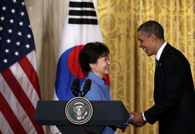 U.S. President Barack Obama (R) shakes hands with South Korean President Park Geun-hye (L) during a news conference at the East Room of the White House May 7, 2013 in Washington, DC. President Park, South Korea’s first female president, is on a visit in Washington and will address Congress tomorrow. 