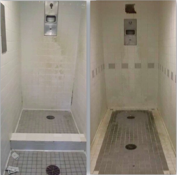 Moldy, mildewed shower stalls observed by investigators for the Office of the Inspector General of the Department of Homeland Security on Nov. 16, 2016.