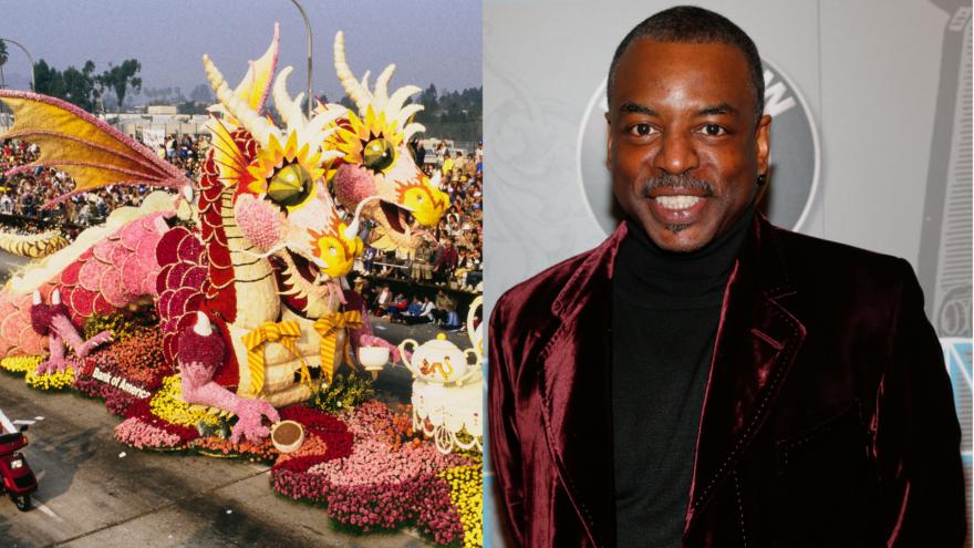 Two images - on the left, a large two-headed dragon parade float made of red, pink, orange, and yellow flowers travels down the middle of the Rose Bowl Parade route surrounded by crowds. On the right, LeVar Burton stands on a red carpet smiling while waring a red crushed velvet sports jacket and black shirt.