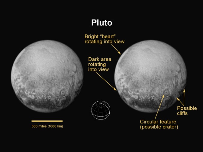 For the first time on Pluto, this view reveals linear features that may be cliffs, as well as a circular feature that could be an impact crater.