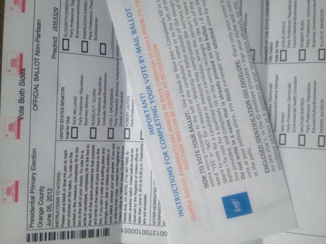 A pile of OC ballots. An increasing number of people in Orange County are choosing to register for permanent vote-by-mail status. If the trend continues, it could save the county money.