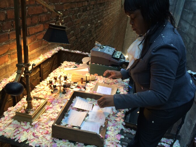 A scene from the anonymous art collective's installation, "Petal Drop LA."