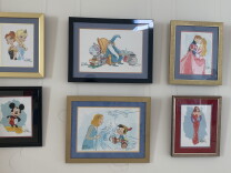  Watercolors of classic Disney characters by animator Floyd Norman, including the female leads of Frozen, Merlin sitting on a chair, Sleeping Beauty and Prince Charming, Mickey Mouse, Pinocchio and the Blue Fairy, and Jessica Rabbit.