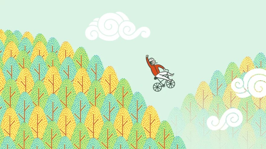 An illustration of a person flying through the air and over treetops while riding a bike. One arm is raised in celebration.