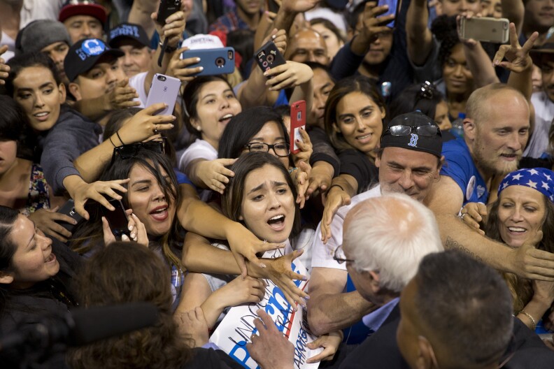 Democratic presidential candidate Sen. Bernie Sanders, I-Vt., greets with supporters after speaking at a rally on Tuesday, May 17, 2016, in Carson, Calif. (AP Photo/Jae C. Hong)