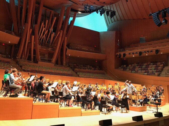 Hollywood Bowl principal conductor Thomas Wilkins leads the National Take a Stand Festival Youth Orchestra at the Walt Disney Concert Hall.