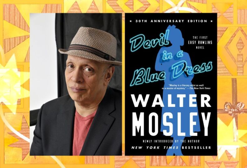 Side-by-side images of the author, Walter Mosley, wearing a black blazer over a faded red shirt and a fedora, and his book on the right, entitled "Devil In A Blue Dress." The images are set against a festive gold background accented with images of stars, gift boxes and ribbons.