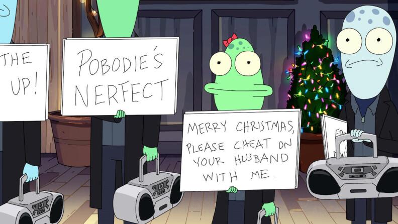 4 animated aliens hold signs. one reads: Merry Christmas, please cheat on your husband with me