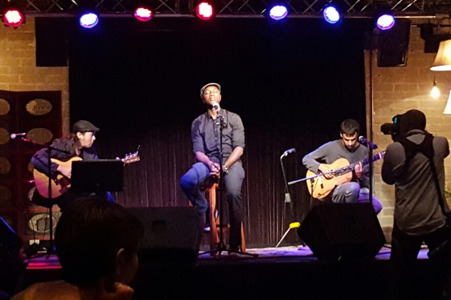 Aloe Blacc, with guitarists Woody Alplanalp (left) and Fabiano do Nascimento (right), in rehearsal for
their July 9 performance at the Ford.