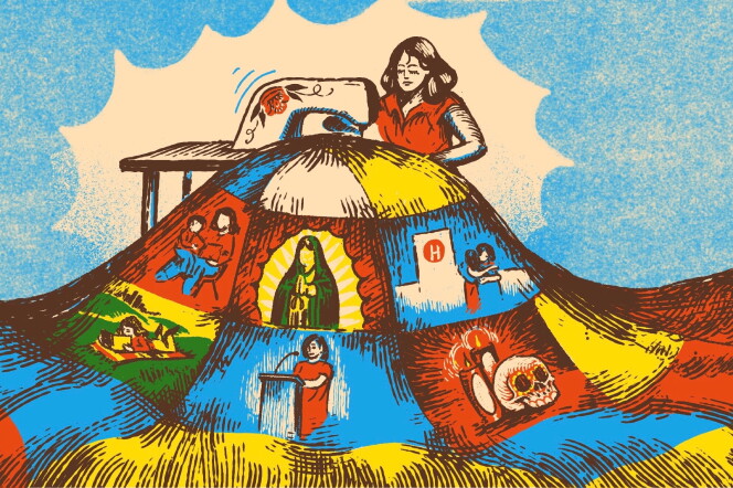 Illustration of a woman sitting in front of a sewing machine working a quilt that flows down from table to the ground and takes over the lower part of the rectangular frame. The illustration has red, blue, green, and yellow patches with the Virgen de Guadalupe, a woman at podium, a Dia de Muertos calavera, two women embracing in front of a hospital, a woman holding a little boy in her lap, and a woman laying on a grassy patch reading. The background behind the woman sewing the quilt is a light blue.