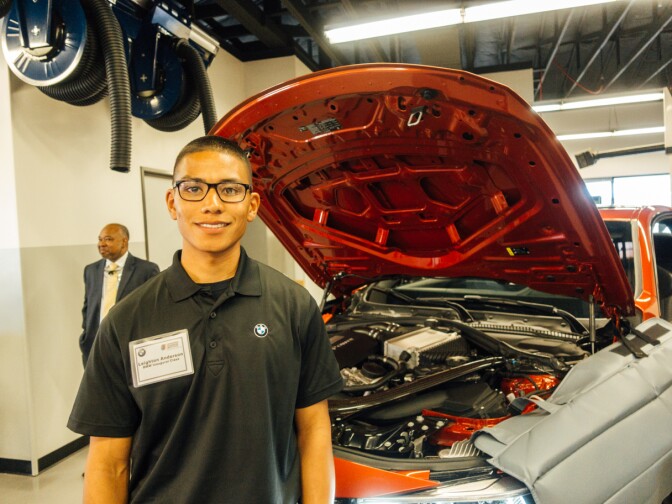 Leighton Anderson is a student in the first BMW MSTEP class at Camp Pendleton, studying to become a Level 3 Service Technician for the luxury car maker.