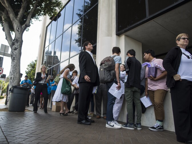 Attendees await a special board meeting on charter schools for the Los Angeles Unified School District on Tuesday, April 18, 2017 at LAUSD Headquarters.